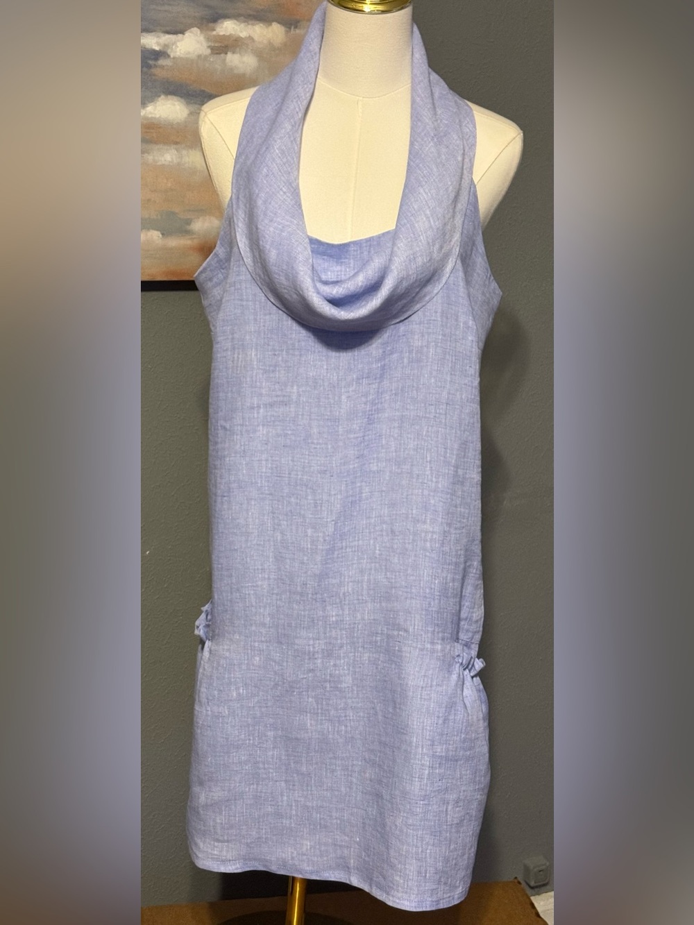 NWOT PURO LINO Blue Cowl Neck Shift Dress Size L